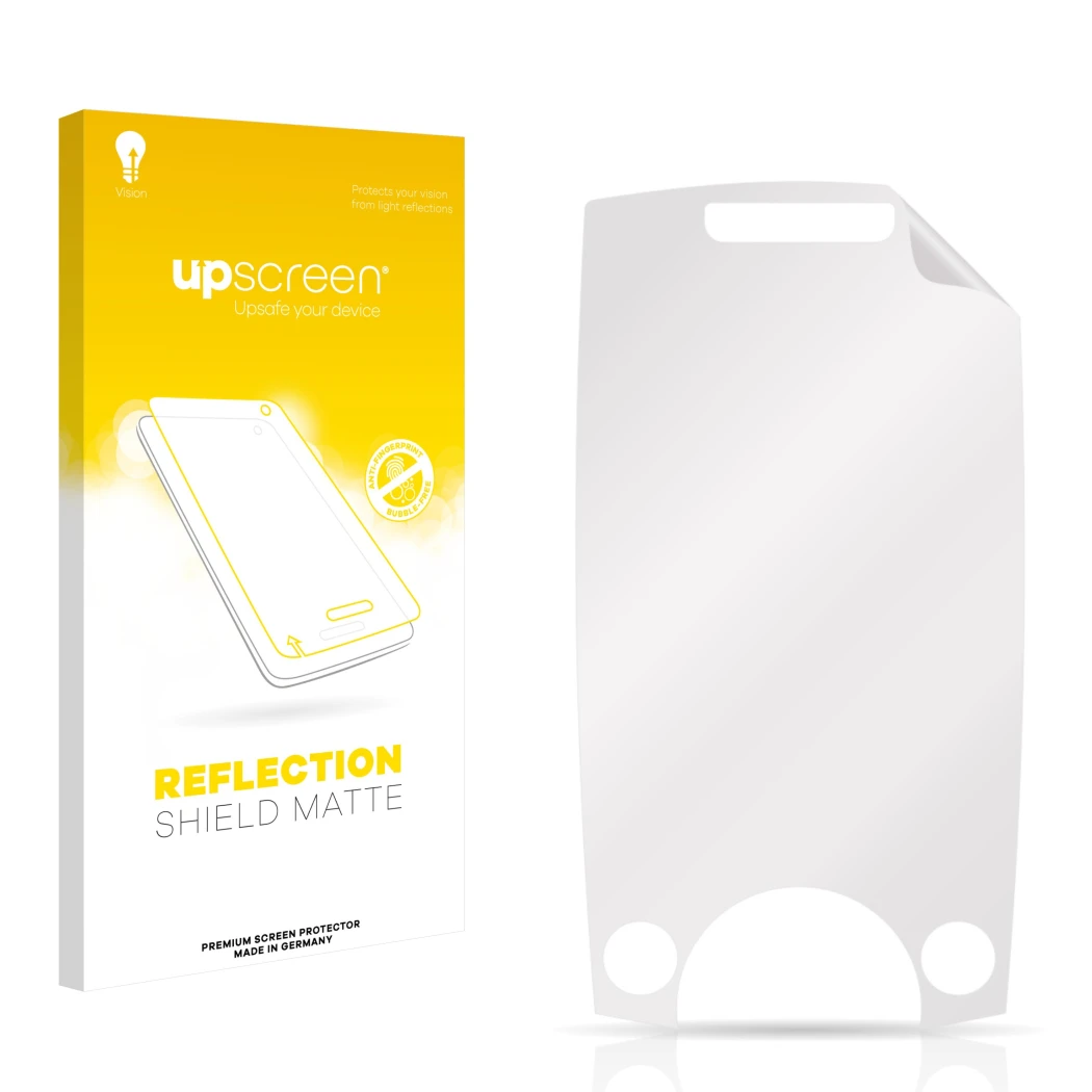 Parte frontal de un envase de producto con el logotipo de la marca upscreen. Al lado está el protector de pantalla correspondi