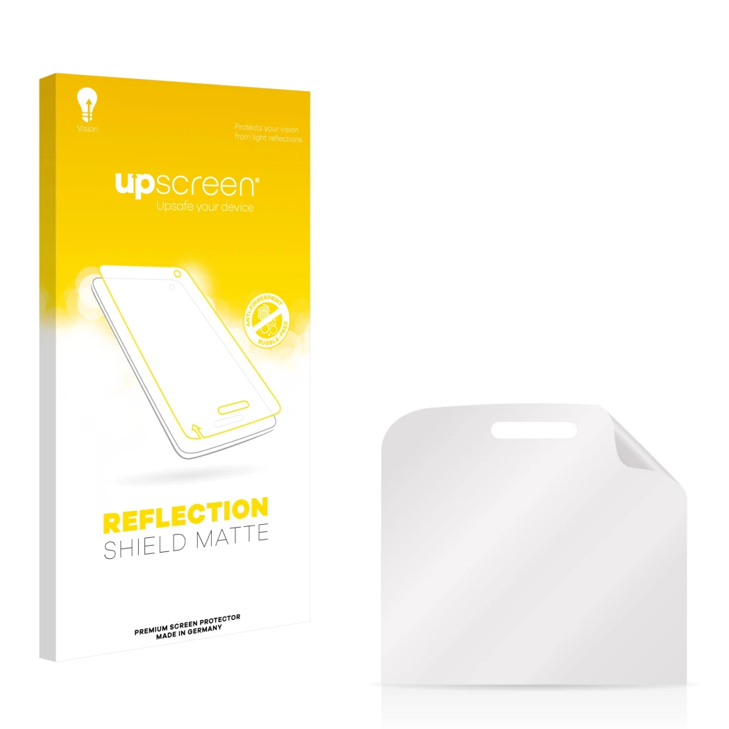 Parte frontal de un envase de producto con el logotipo de la marca upscreen. Al lado está el protector de pantalla correspondi