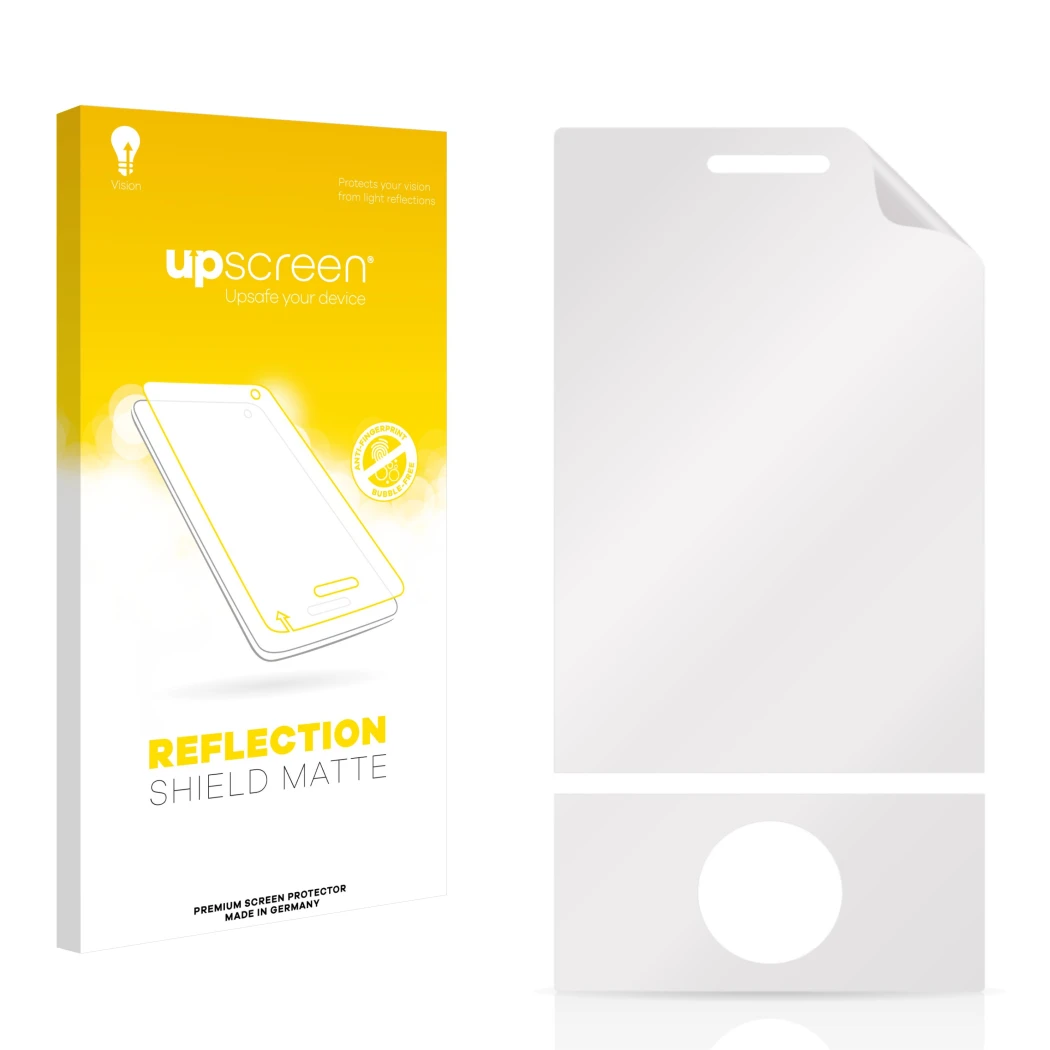 Parte frontal de un envase de producto con el logotipo de la marca upscreen. Al lado está el protector de pantalla correspondi