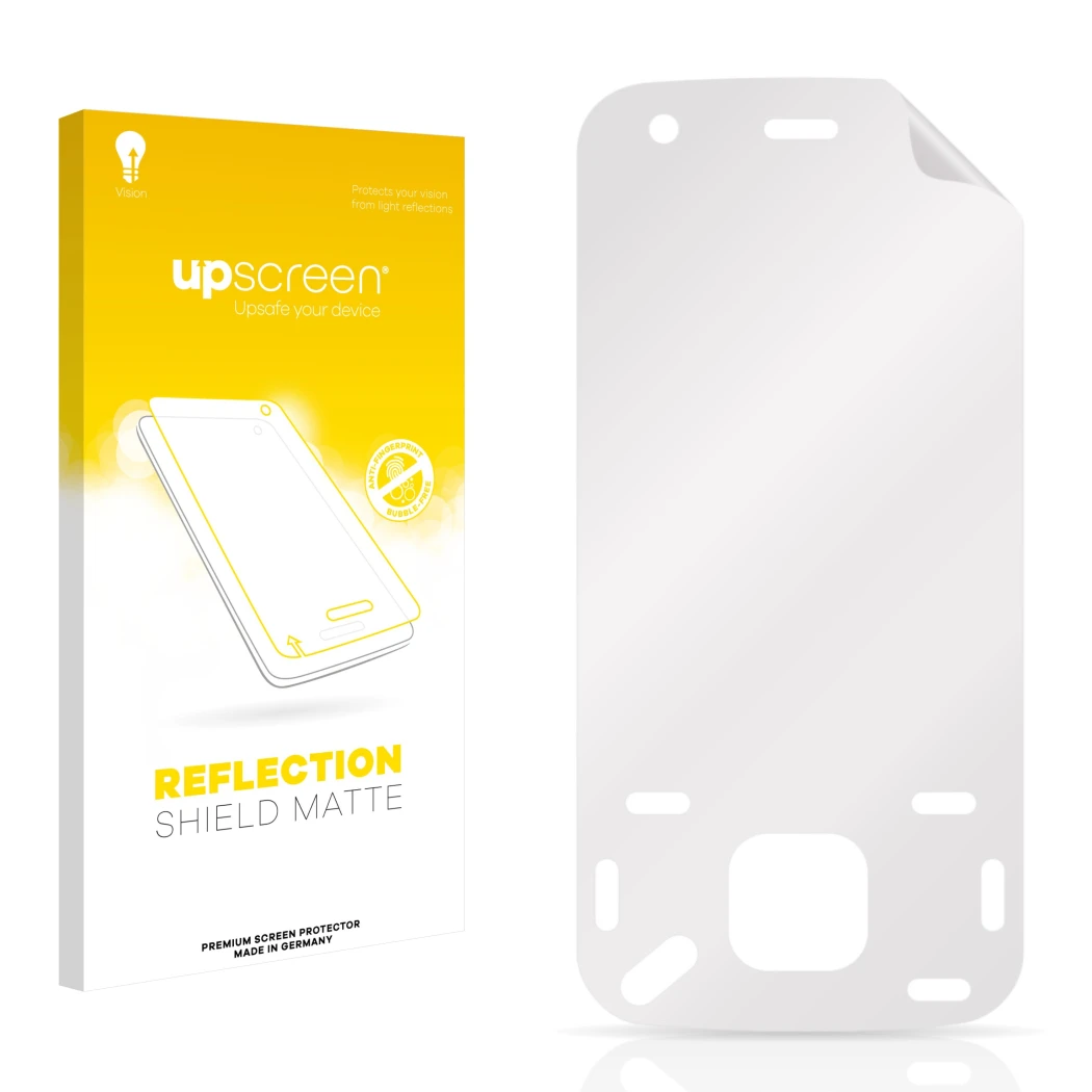 Parte frontal de un envase de producto con el logotipo de la marca upscreen. Al lado está el protector de pantalla correspondi