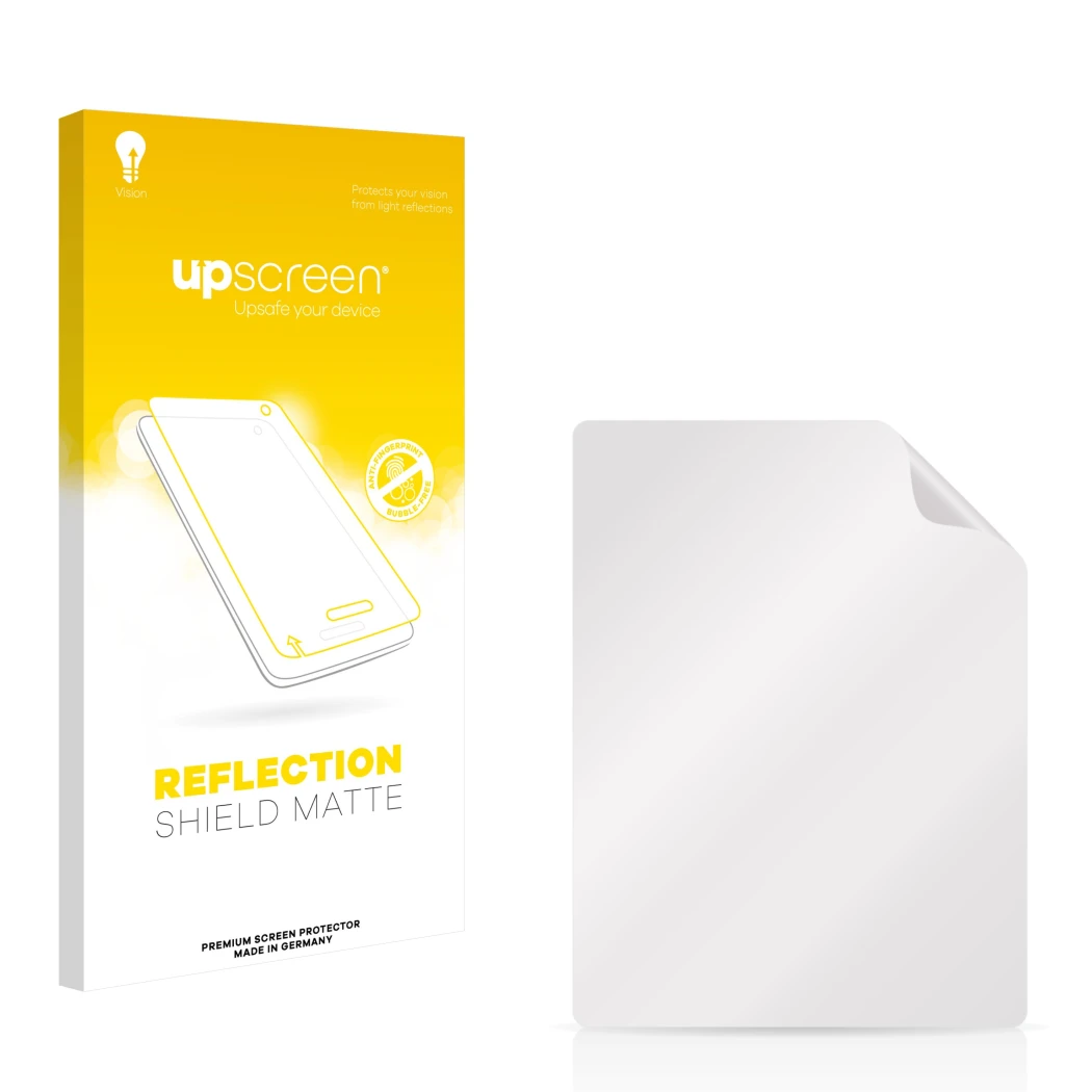 Parte frontal de un envase de producto con el logotipo de la marca upscreen. Al lado está el protector de pantalla correspondi