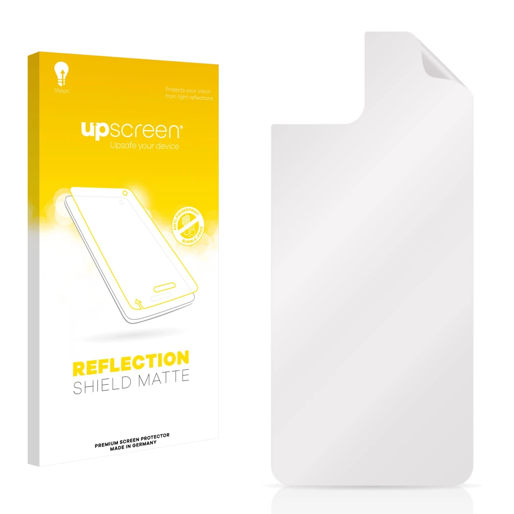 Parte frontal de un envase de producto con el logotipo de la marca upscreen. Al lado está el protector de pantalla correspondi