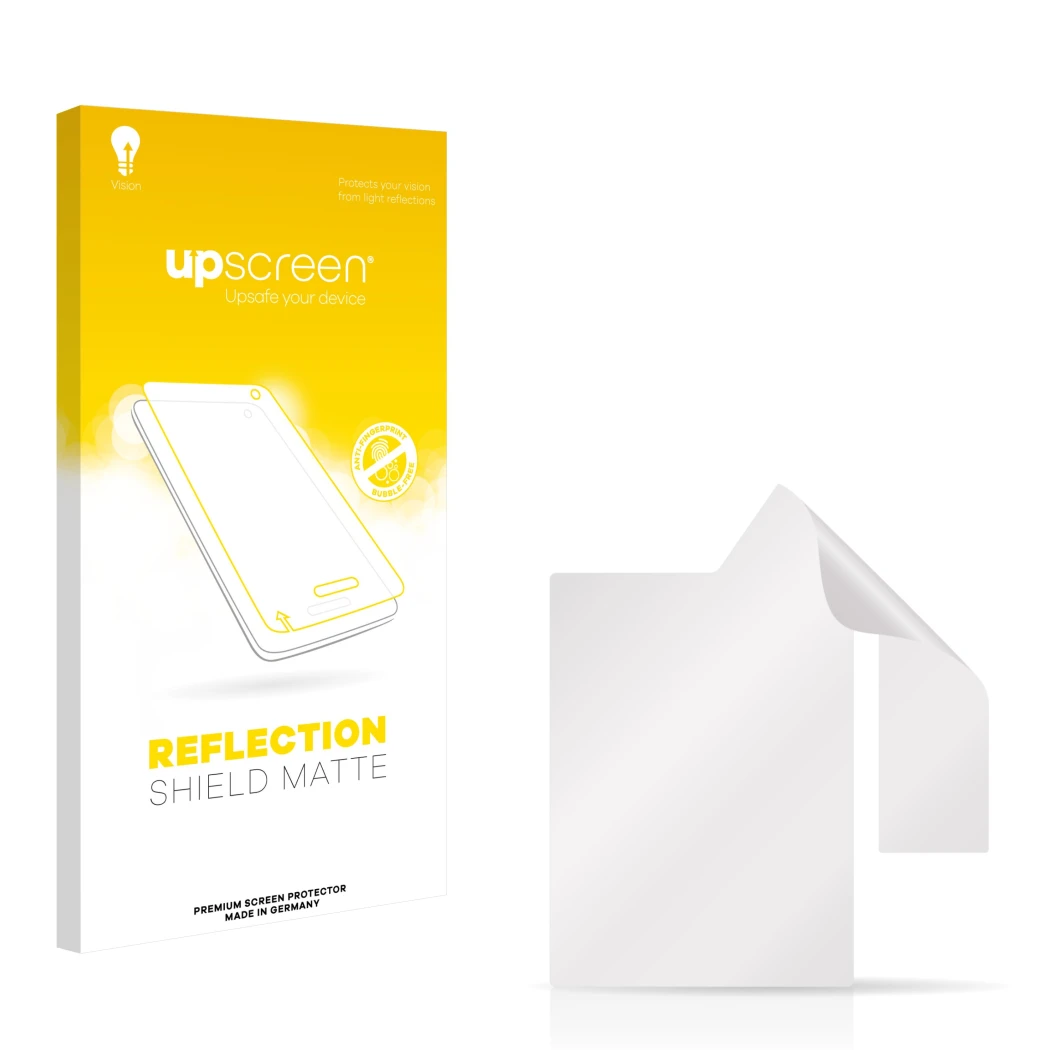 Parte frontal de un envase de producto con el logotipo de la marca upscreen. Al lado está el protector de pantalla correspondi