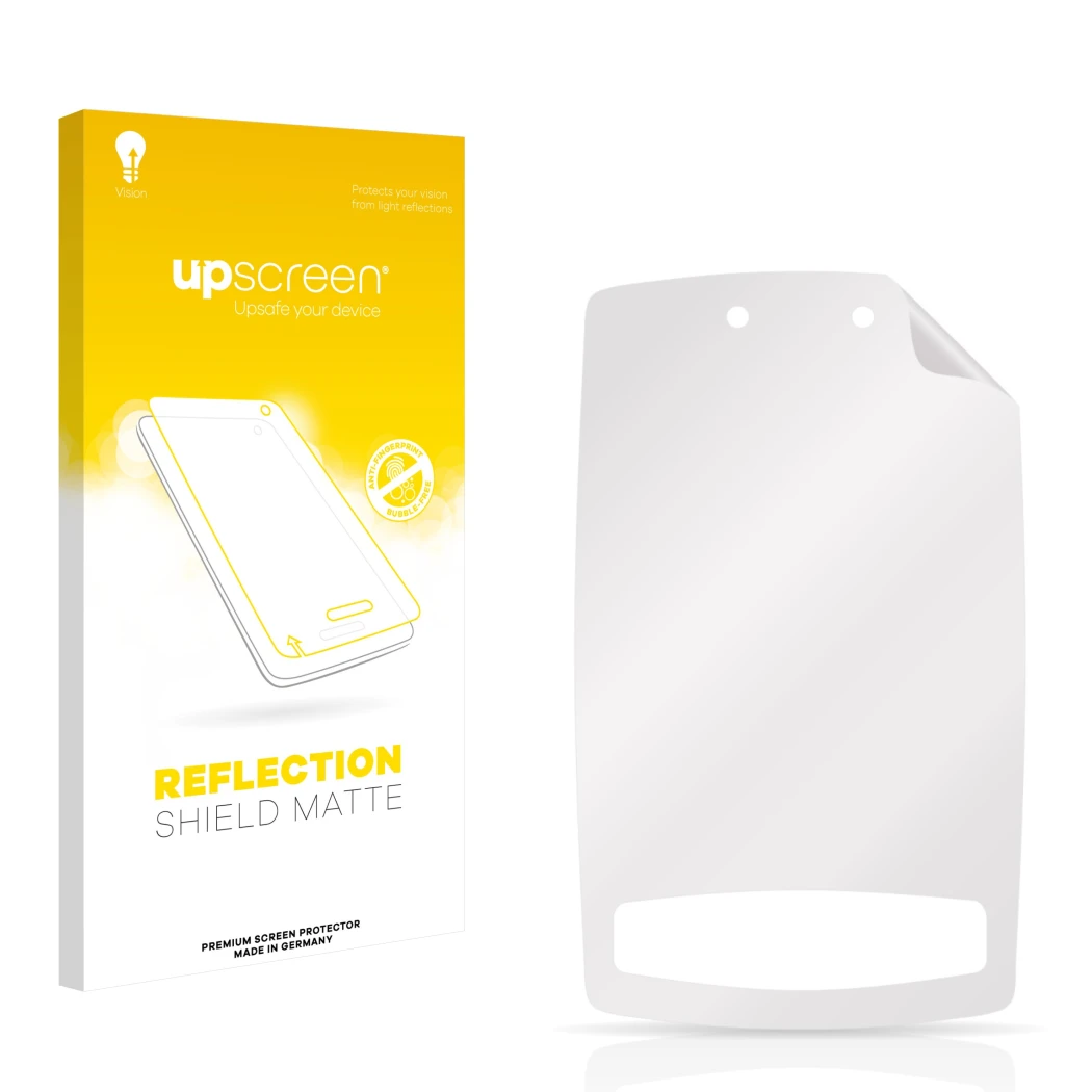 Parte frontal de un envase de producto con el logotipo de la marca upscreen. Al lado está el protector de pantalla correspondi
