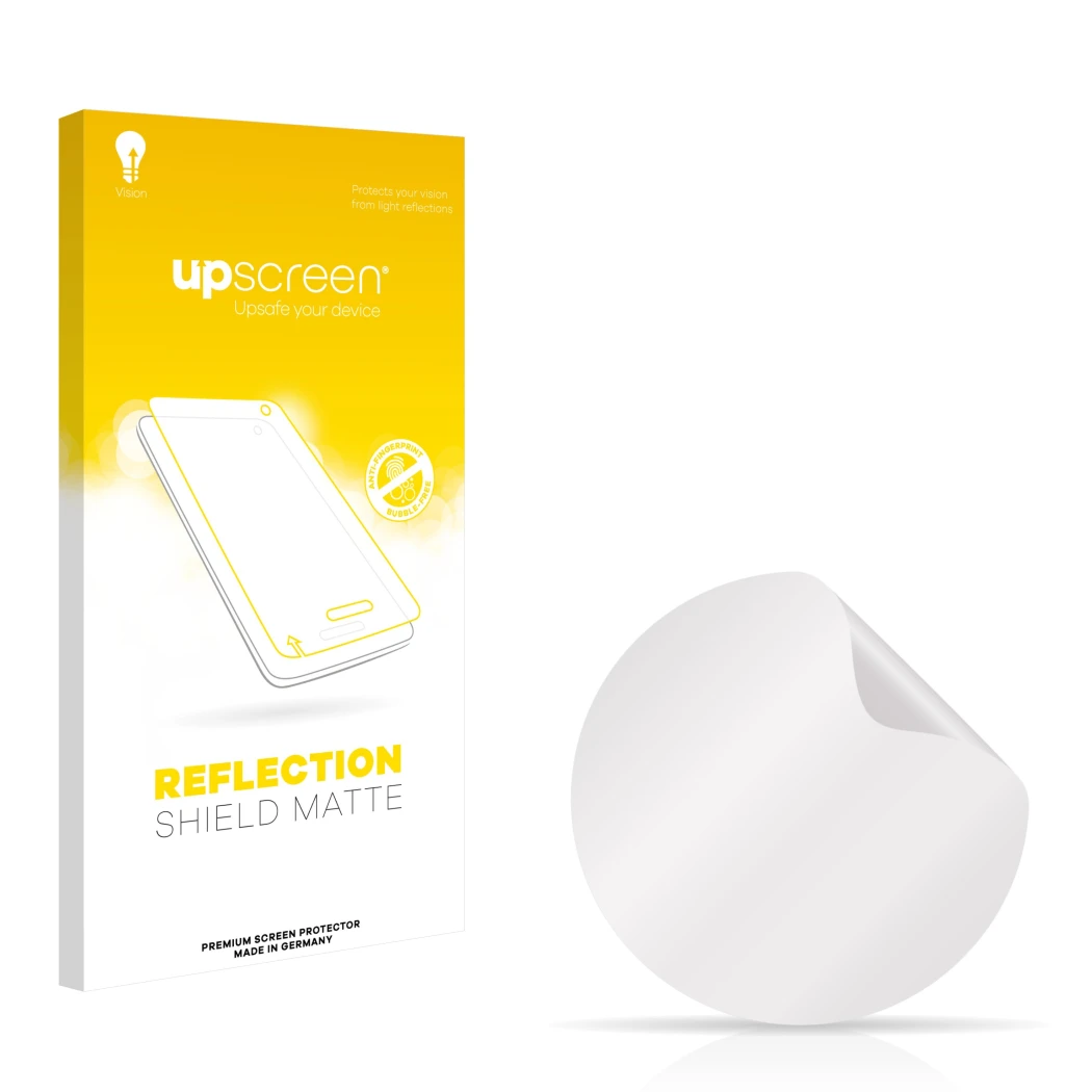 Parte frontal de un envase de producto con el logotipo de la marca upscreen. Al lado está el protector de pantalla correspondi