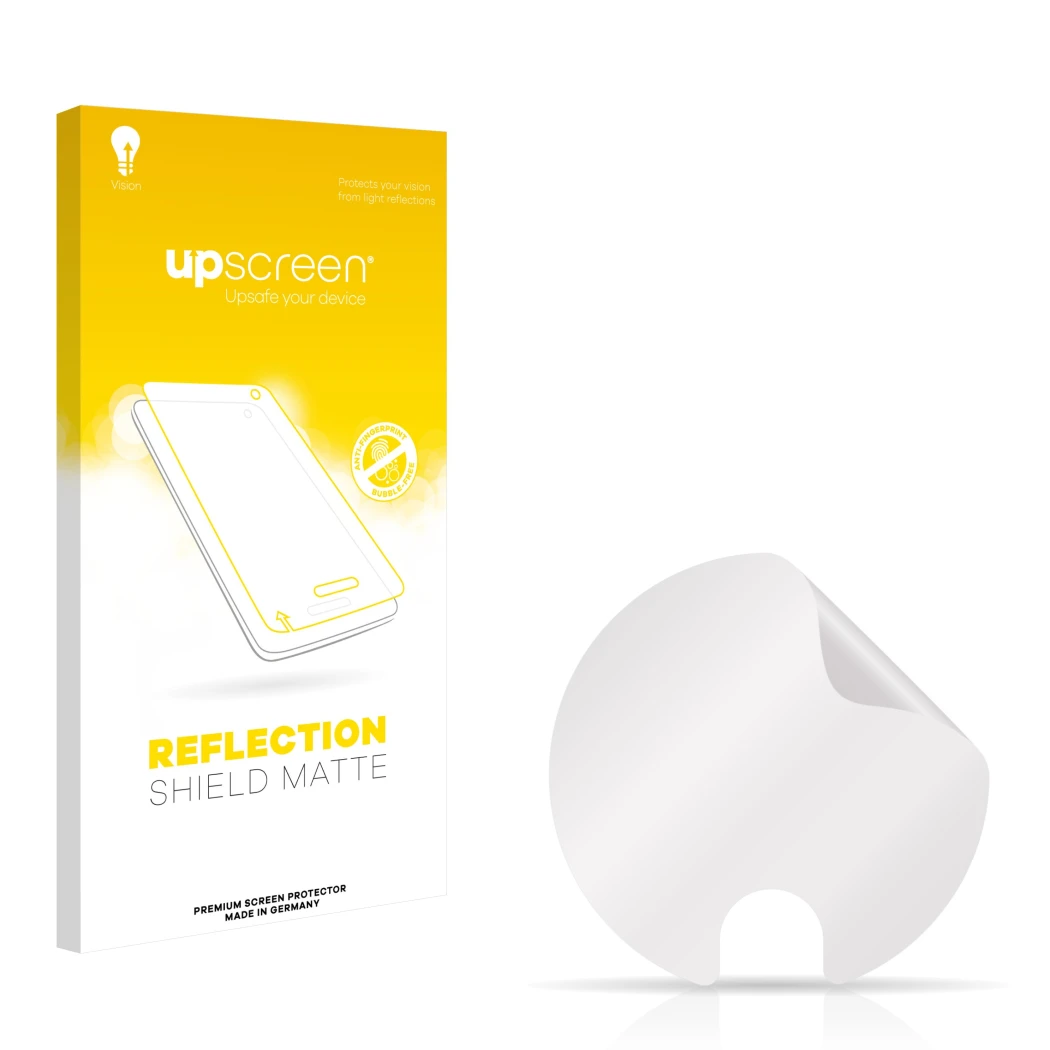 Parte frontal de un envase de producto con el logotipo de la marca upscreen. Al lado está el protector de pantalla correspondi