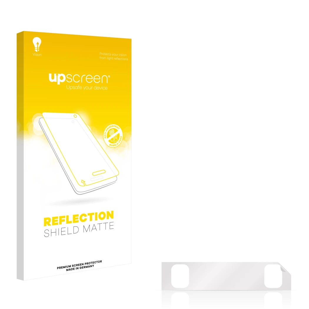 Parte frontal de un envase de producto con el logotipo de la marca upscreen. Al lado está el protector de pantalla correspondi
