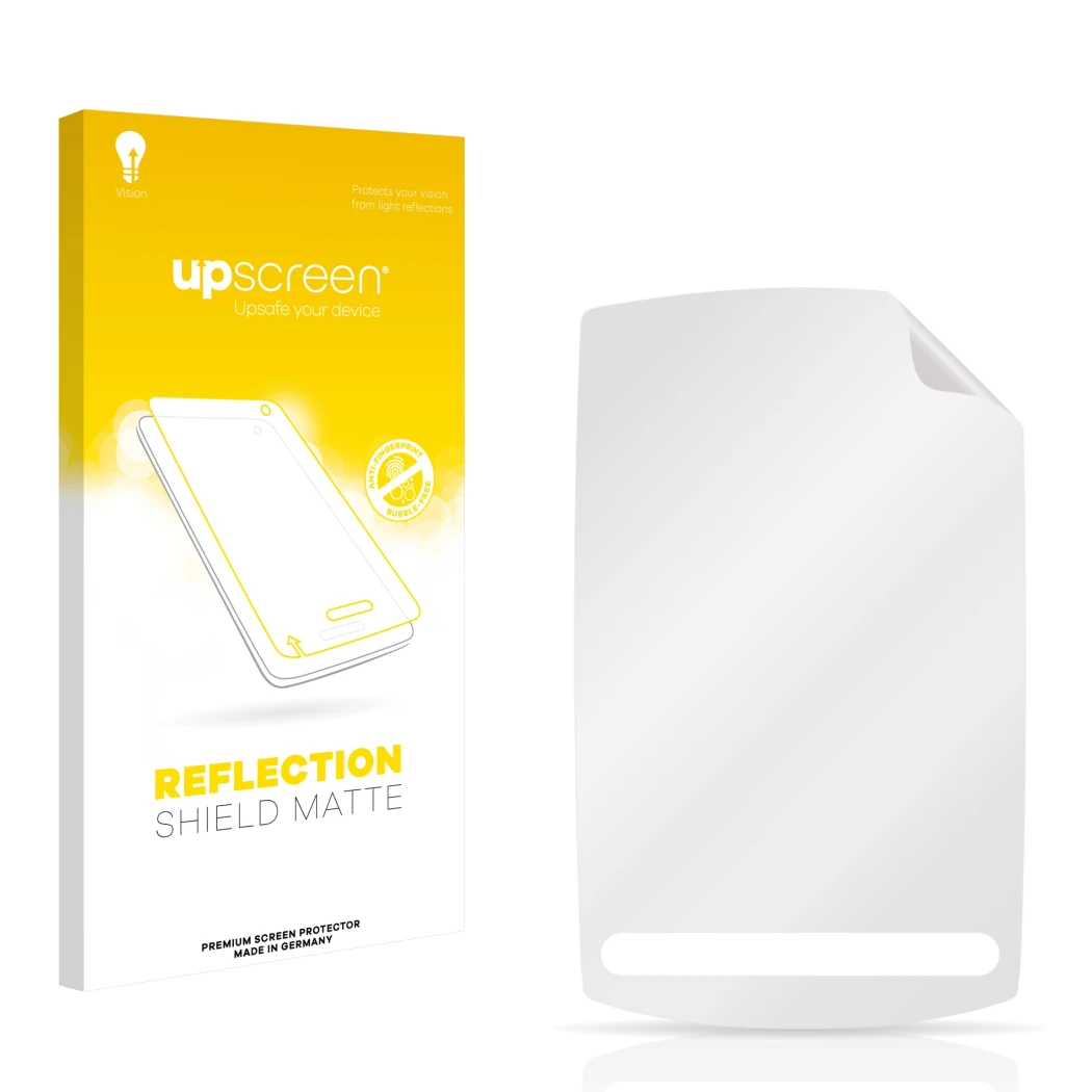 Parte frontal de un envase de producto con el logotipo de la marca upscreen. Al lado está el protector de pantalla correspondi