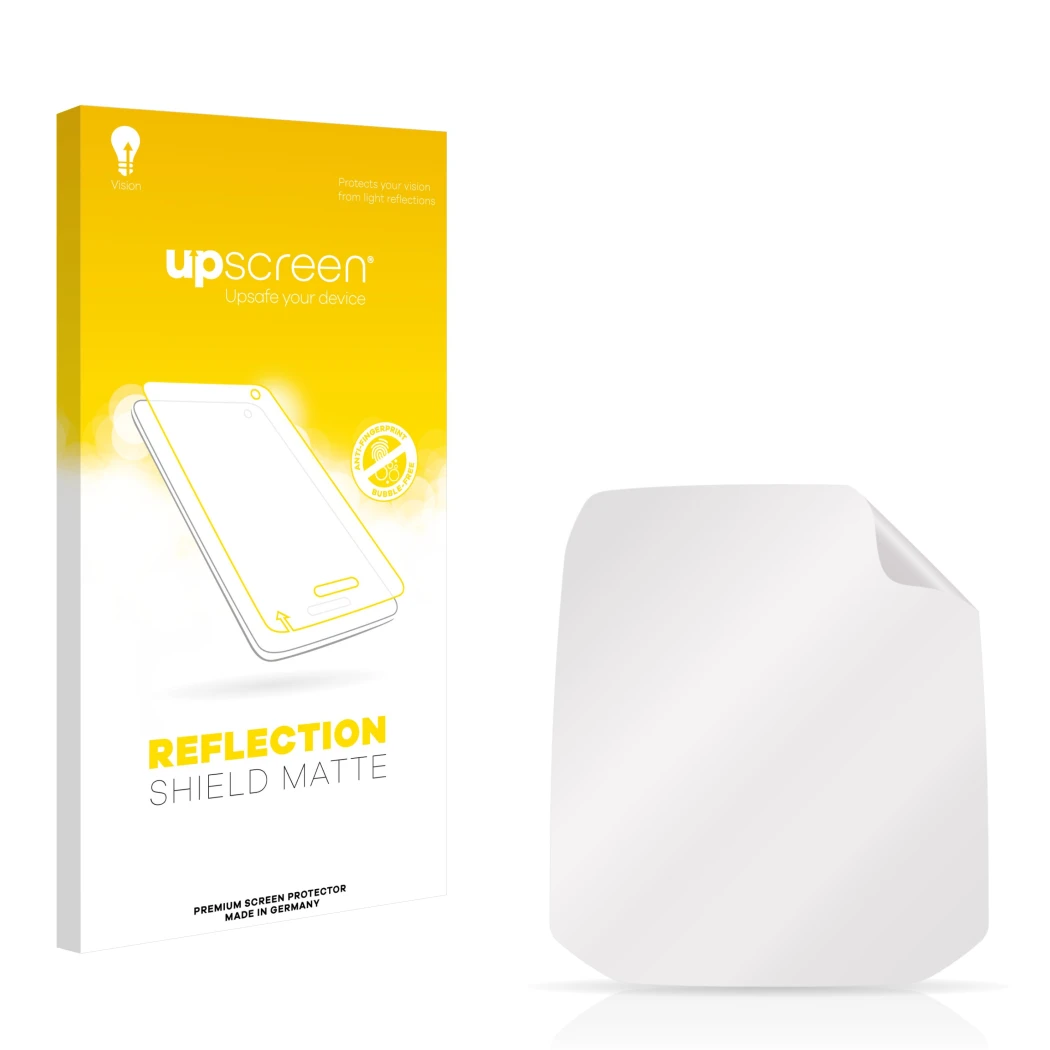 Parte frontal de un envase de producto con el logotipo de la marca upscreen. Al lado está el protector de pantalla correspondi