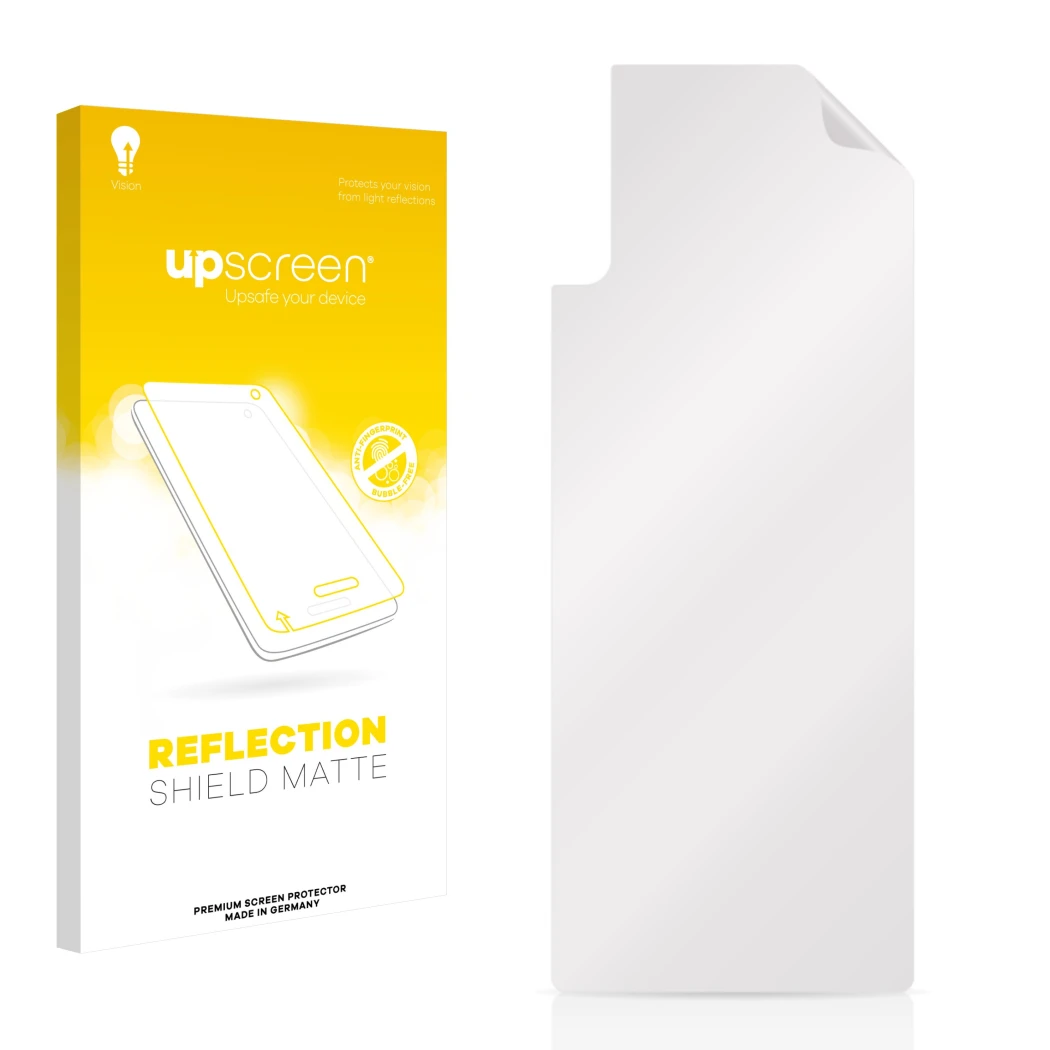Parte frontal de un envase de producto con el logotipo de la marca upscreen. Al lado está el protector de pantalla correspondi