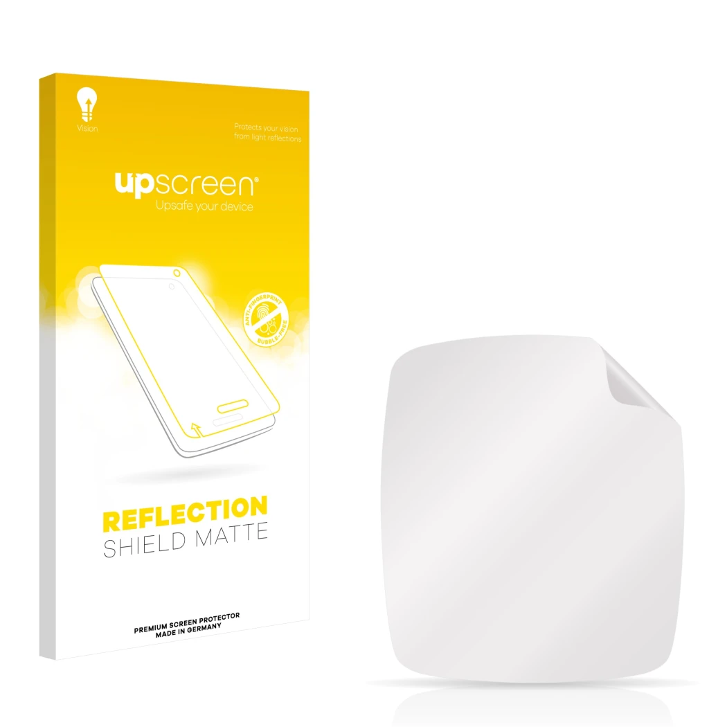 Parte frontal de un envase de producto con el logotipo de la marca upscreen. Al lado está el protector de pantalla correspondi