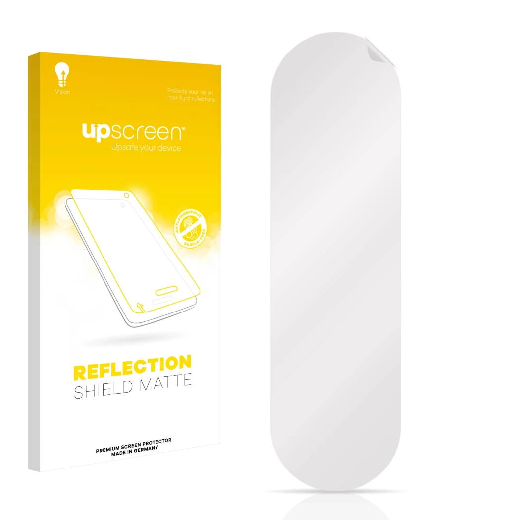 Parte frontal de un envase de producto con el logotipo de la marca upscreen. Al lado está el protector de pantalla correspondi