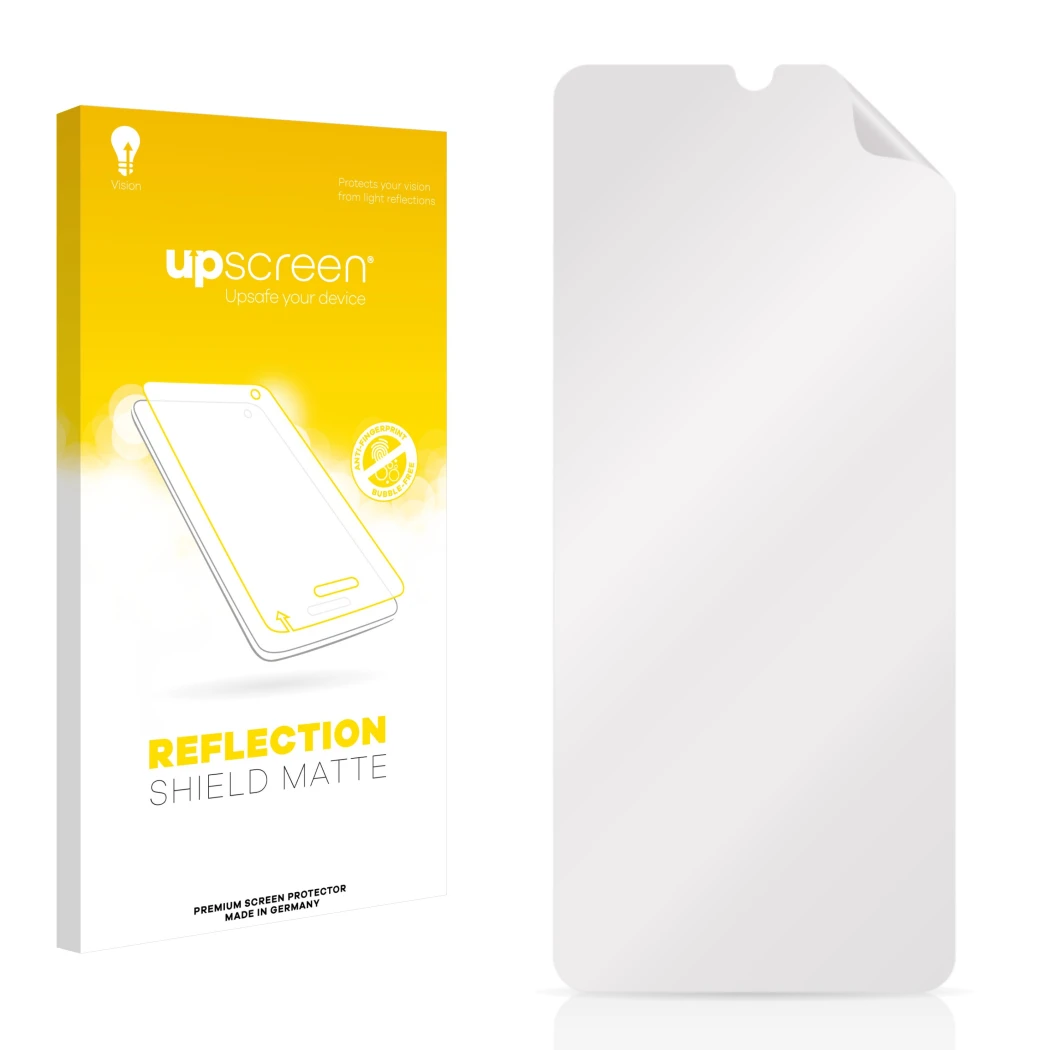 Parte frontal de un envase de producto con el logotipo de la marca upscreen. Al lado está el protector de pantalla correspondi