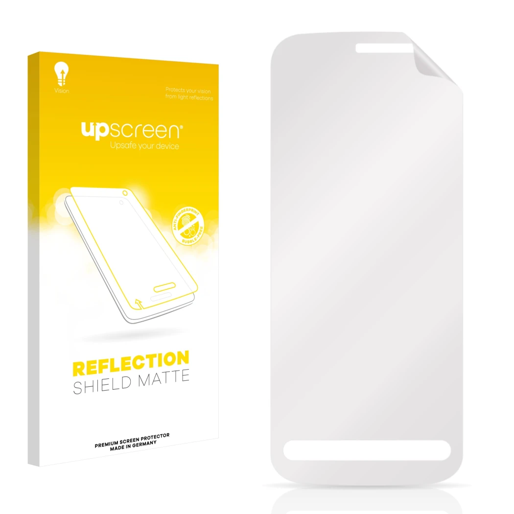 Parte frontal de un envase de producto con el logotipo de la marca upscreen. Al lado está el protector de pantalla correspondi