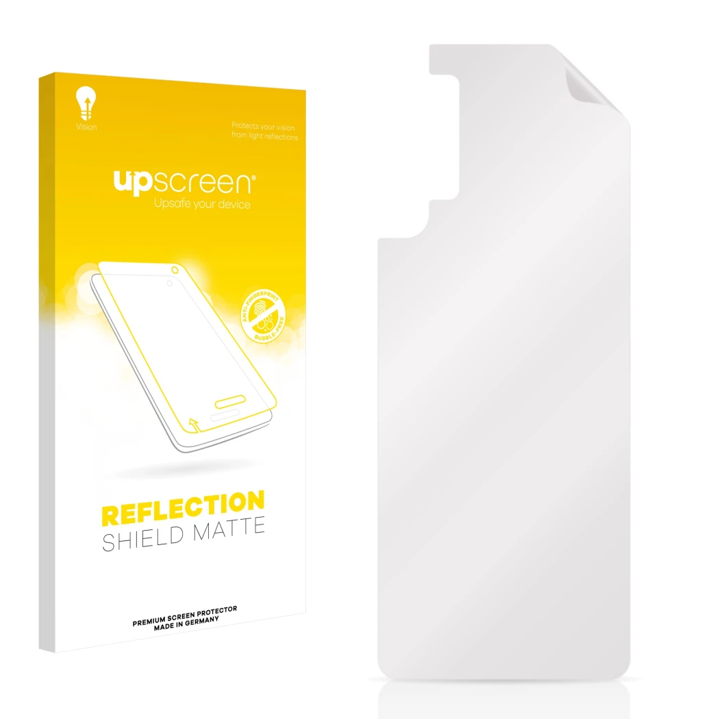 Parte frontal de un envase de producto con el logotipo de la marca upscreen. Al lado está el protector de pantalla correspondi