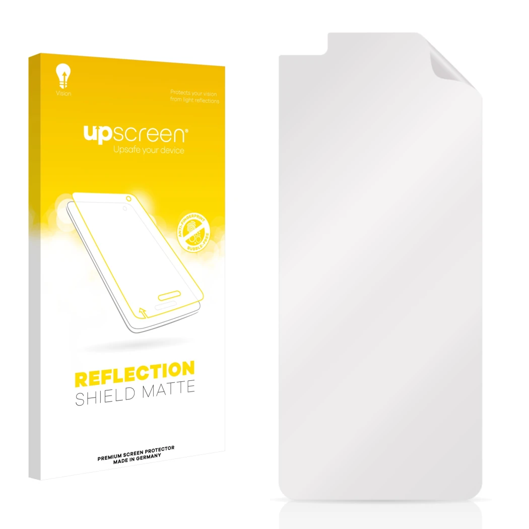 Parte frontal de un envase de producto con el logotipo de la marca upscreen. Al lado está el protector de pantalla correspondi