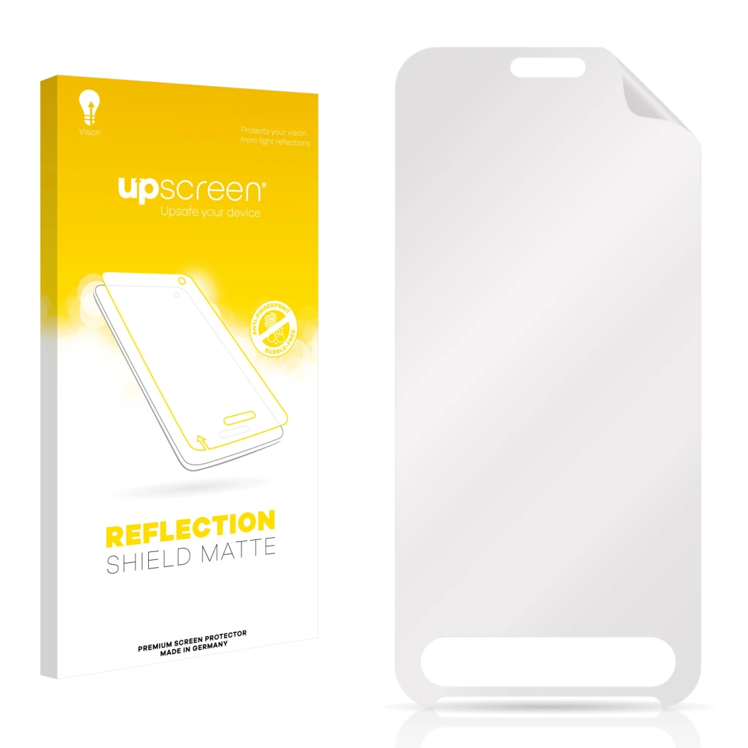 Parte frontal de un envase de producto con el logotipo de la marca upscreen. Al lado está el protector de pantalla correspondi