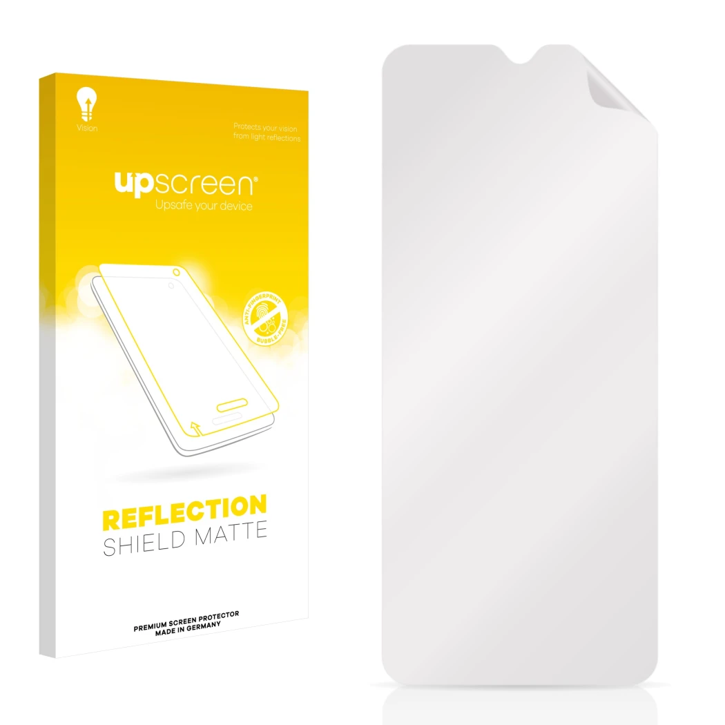 Parte frontal de un envase de producto con el logotipo de la marca upscreen. Al lado está el protector de pantalla correspondi