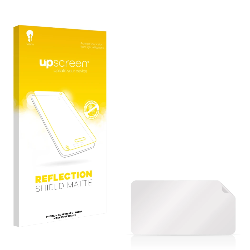 Parte frontal de un envase de producto con el logotipo de la marca upscreen. Al lado está el protector de pantalla correspondi