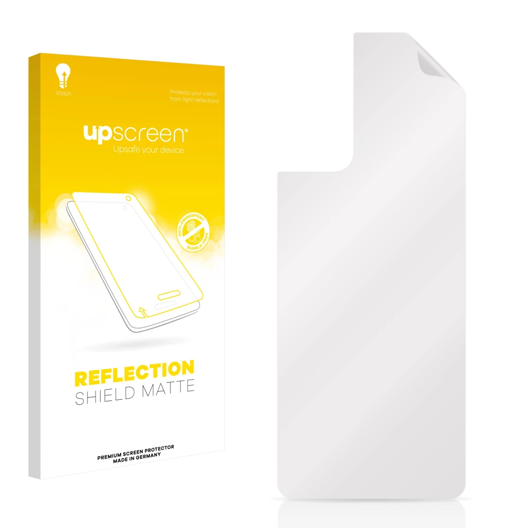 Parte frontal de un envase de producto con el logotipo de la marca upscreen. Al lado está el protector de pantalla correspondi