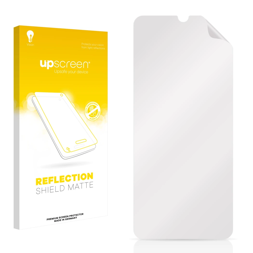 Parte frontal de un envase de producto con el logotipo de la marca upscreen. Al lado está el protector de pantalla correspondi