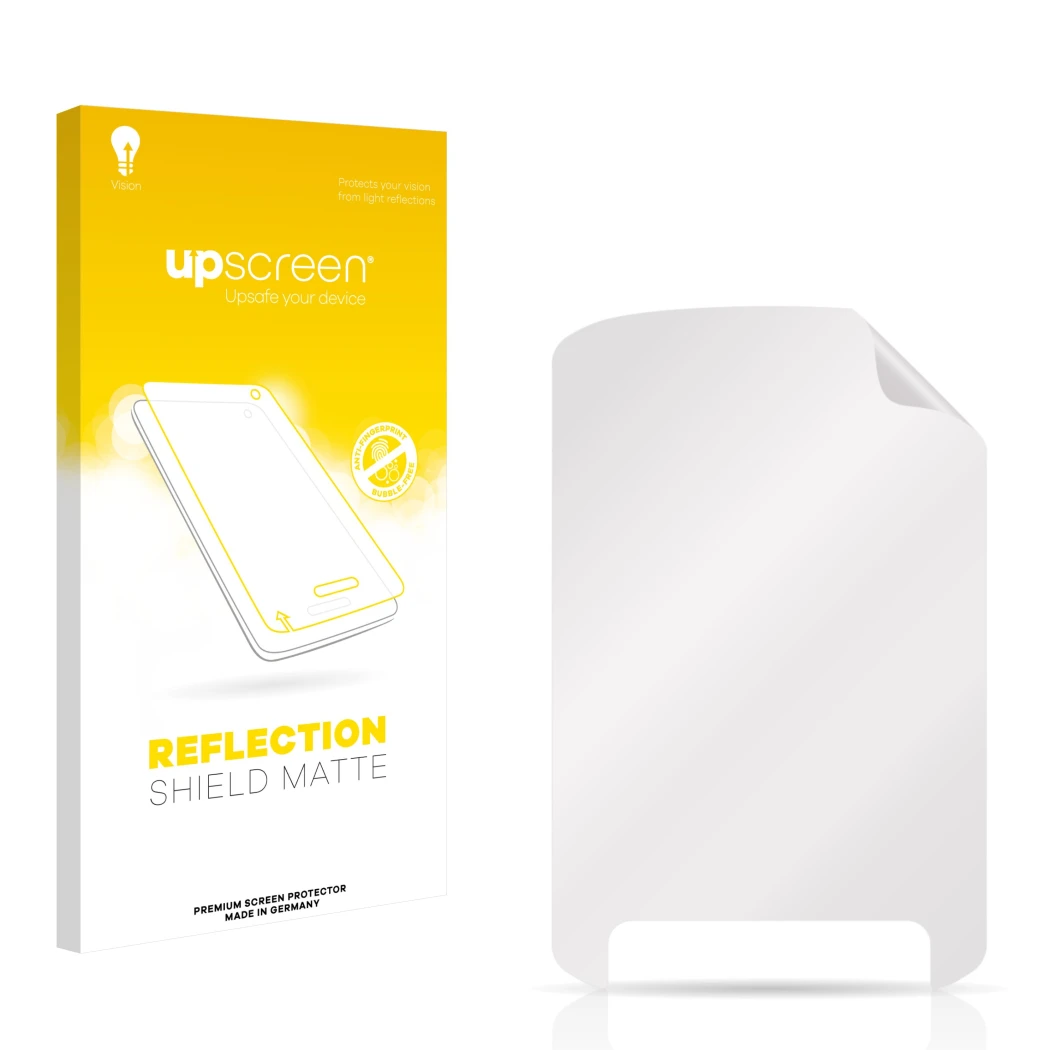 Parte frontal de un envase de producto con el logotipo de la marca upscreen. Al lado está el protector de pantalla correspondi