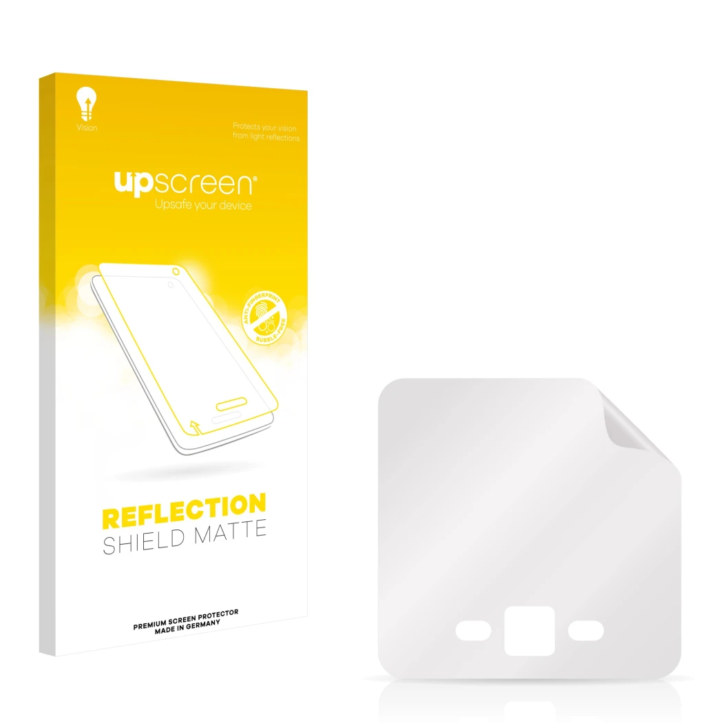 Parte frontal de un envase de producto con el logotipo de la marca upscreen. Al lado está el protector de pantalla correspondi