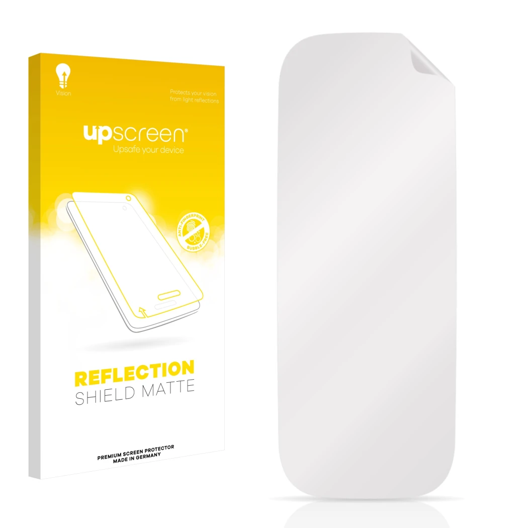 Parte frontal de un envase de producto con el logotipo de la marca upscreen. Al lado está el protector de pantalla correspondi
