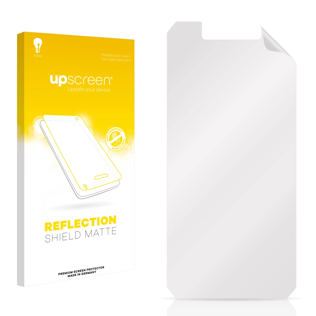 Parte frontal de un envase de producto con el logotipo de la marca upscreen. Al lado está el protector de pantalla correspondi