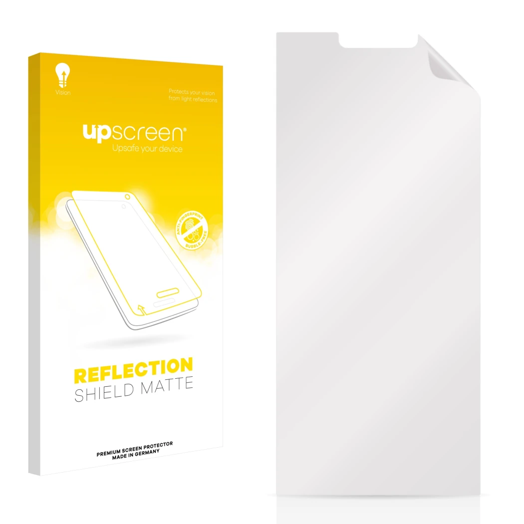 Parte frontal de un envase de producto con el logotipo de la marca upscreen. Al lado está el protector de pantalla correspondi