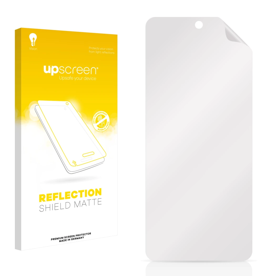 Parte frontal de un envase de producto con el logotipo de la marca upscreen. Al lado está el protector de pantalla correspondi