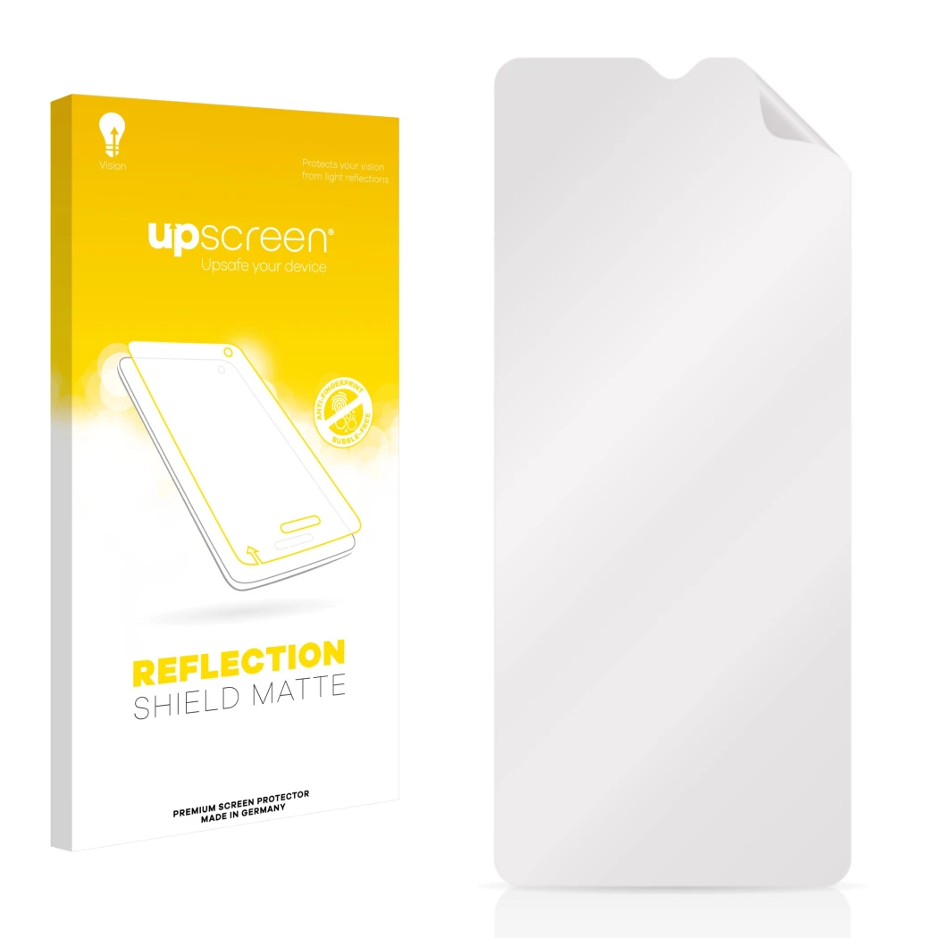 Parte frontal de un envase de producto con el logotipo de la marca upscreen. Al lado está el protector de pantalla correspondi