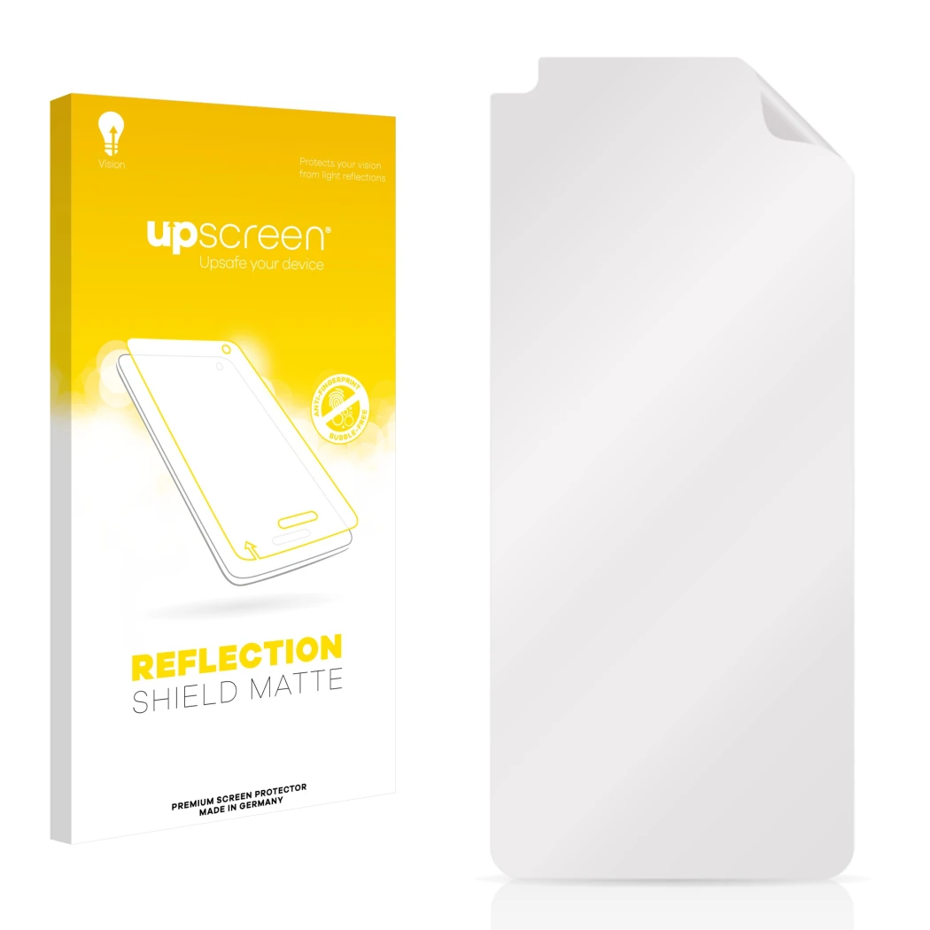 Parte frontal de un envase de producto con el logotipo de la marca upscreen. Al lado está el protector de pantalla correspondi