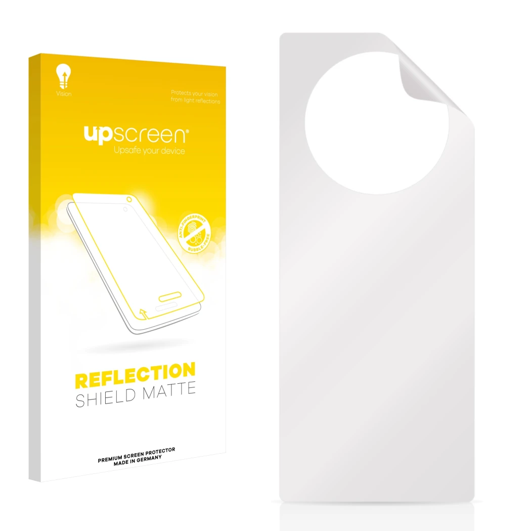 Parte frontal de un envase de producto con el logotipo de la marca upscreen. Al lado está el protector de pantalla correspondi
