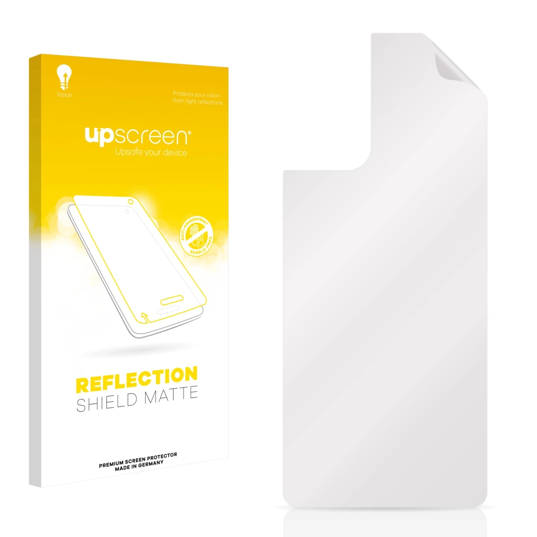 Parte frontal de un envase de producto con el logotipo de la marca upscreen. Al lado está el protector de pantalla correspondi