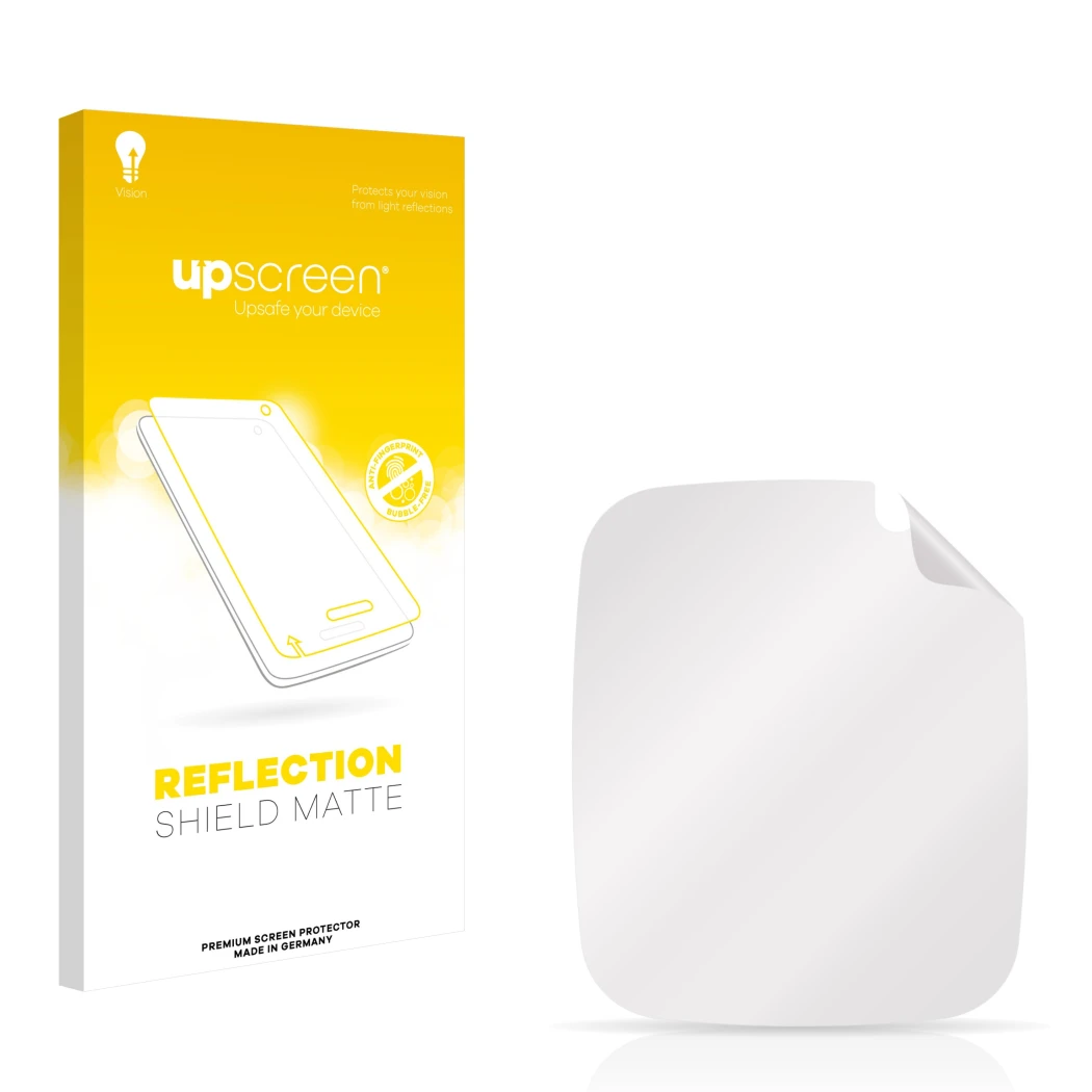 Parte frontal de un envase de producto con el logotipo de la marca upscreen. Al lado está el protector de pantalla correspondi