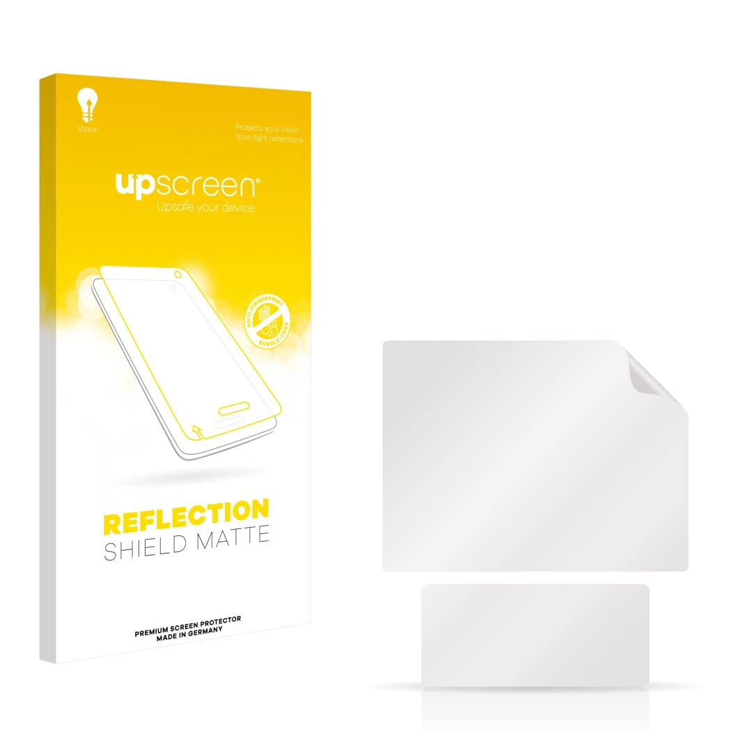 Parte frontal de un envase de producto con el logotipo de la marca upscreen. Al lado está el protector de pantalla correspondi