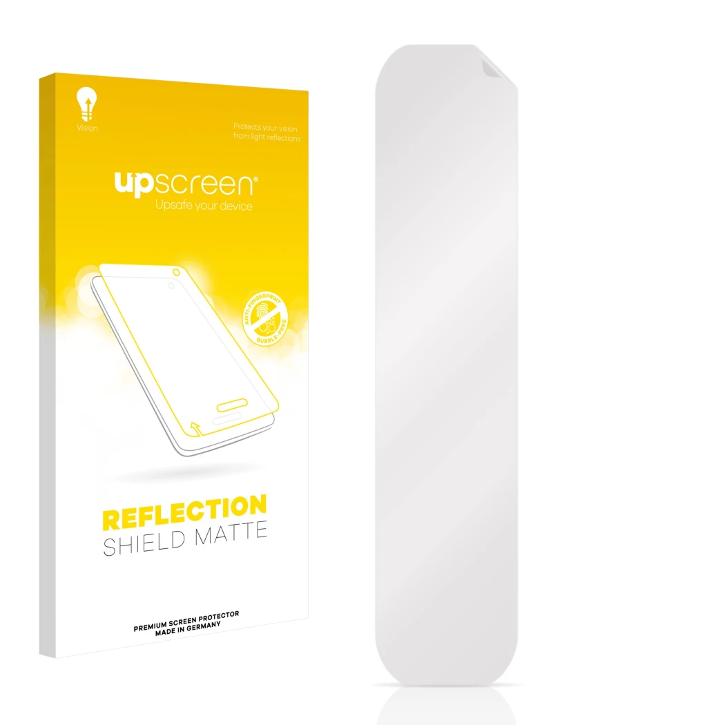 Parte frontal de un envase de producto con el logotipo de la marca upscreen. Al lado está el protector de pantalla correspondi
