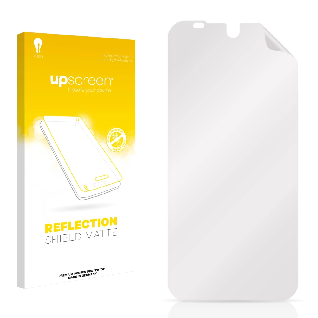 Parte frontal de un envase de producto con el logotipo de la marca upscreen. Al lado está el protector de pantalla correspondi