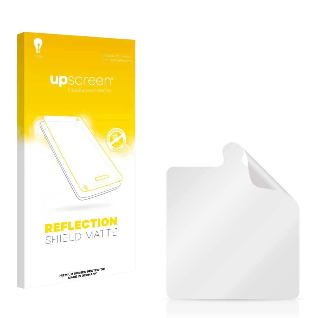 Parte frontal de un envase de producto con el logotipo de la marca upscreen. Al lado está el protector de pantalla correspondi