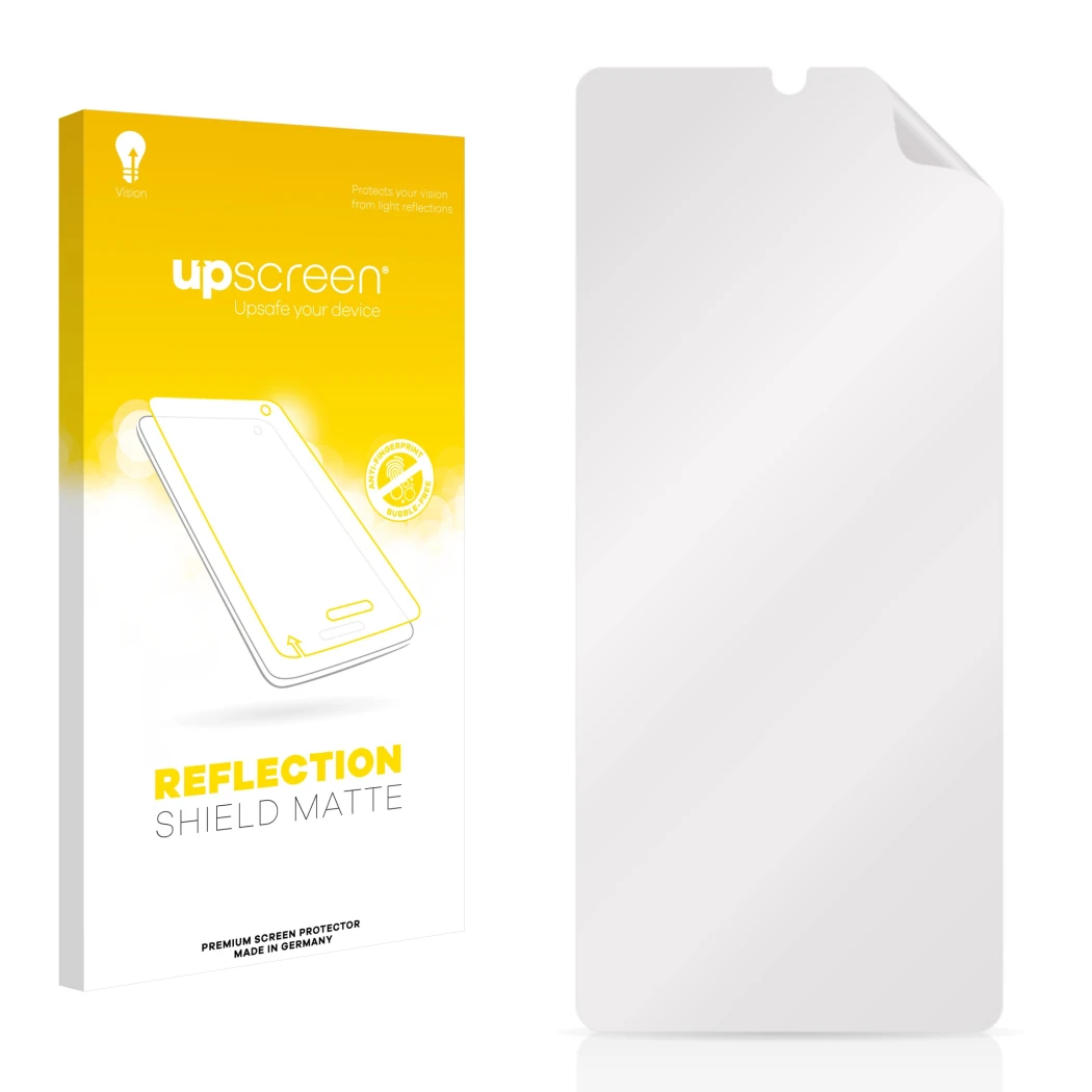 Parte frontal de un envase de producto con el logotipo de la marca upscreen. Al lado está el protector de pantalla correspondi