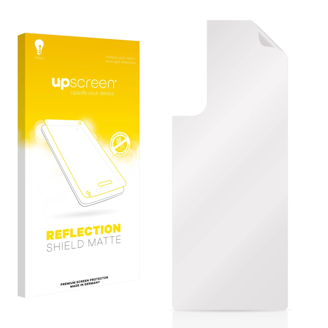 Parte frontal de un envase de producto con el logotipo de la marca upscreen. Al lado está el protector de pantalla correspondi