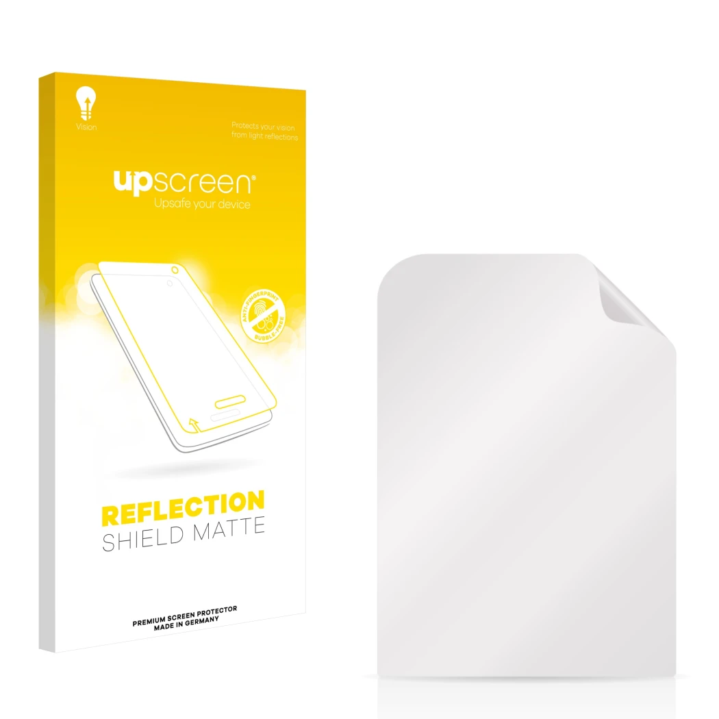 Parte frontal de un envase de producto con el logotipo de la marca upscreen. Al lado está el protector de pantalla correspondi