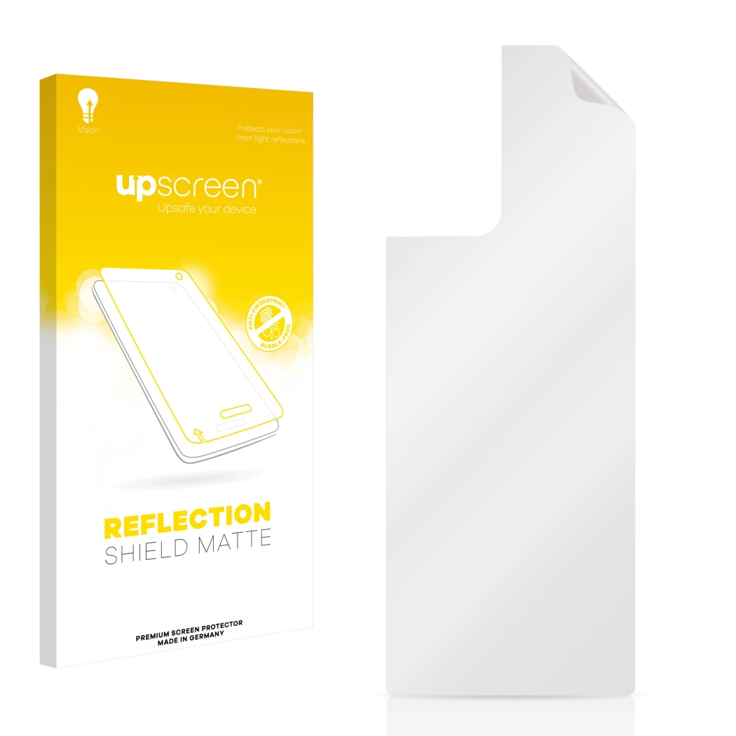 Parte frontal de un envase de producto con el logotipo de la marca upscreen. Al lado está el protector de pantalla correspondi