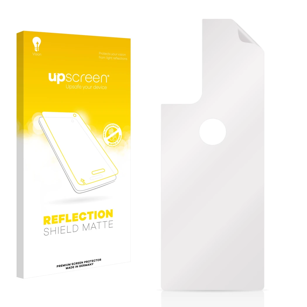 Parte frontal de un envase de producto con el logotipo de la marca upscreen. Al lado está el protector de pantalla correspondi