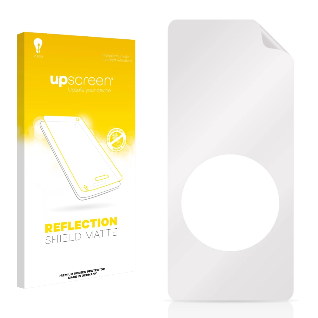 Parte frontal de un envase de producto con el logotipo de la marca upscreen. Al lado está el protector de pantalla correspondi