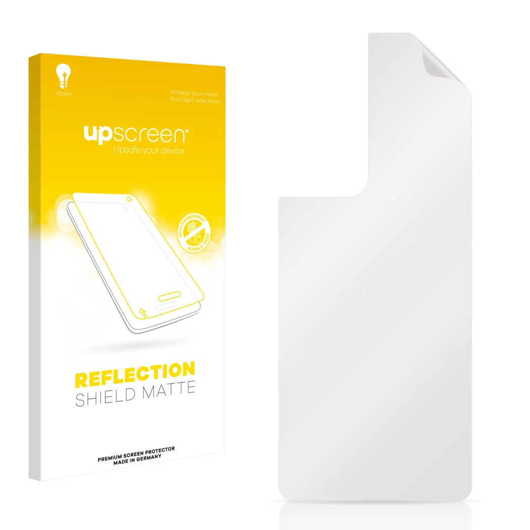Parte frontal de un envase de producto con el logotipo de la marca upscreen. Al lado está el protector de pantalla correspondi