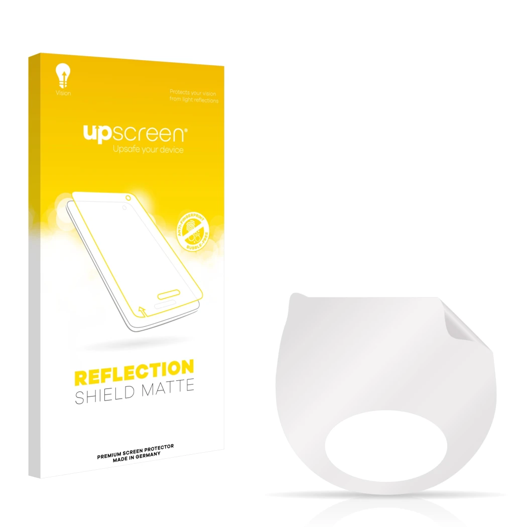 Parte frontal de un envase de producto con el logotipo de la marca upscreen. Al lado está el protector de pantalla correspondi