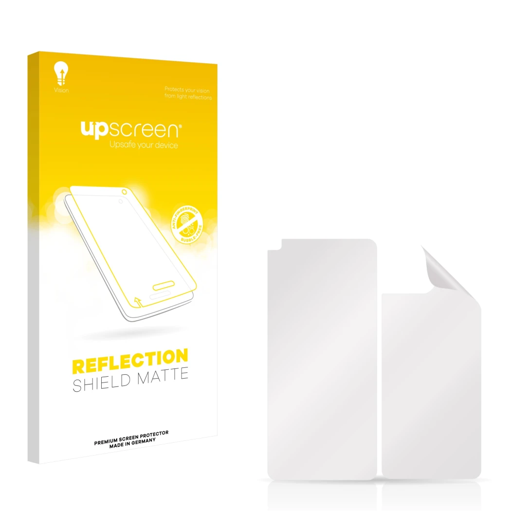 Parte frontal de un envase de producto con el logotipo de la marca upscreen. Al lado está el protector de pantalla correspondi