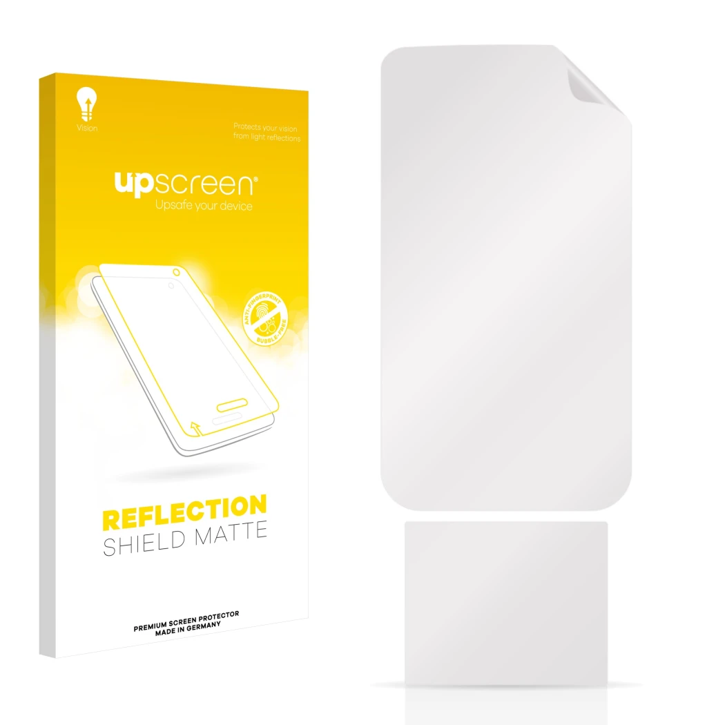 Parte frontal de un envase de producto con el logotipo de la marca upscreen. Al lado está el protector de pantalla correspondi